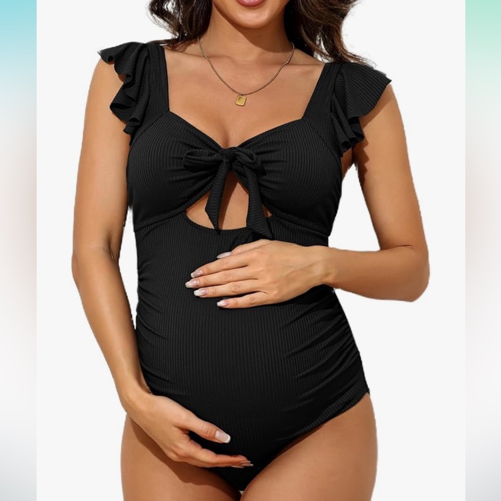 🥳🥳2 FOR 1 Charmo Ruffle UPF Maternity Suit Cutout Ruched & Black Flowered, L - Picture 5 of 16